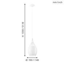 Lumină suspendată albă cu dimensiunile înălțime 1300 milimetri, diametru 190 milimetri