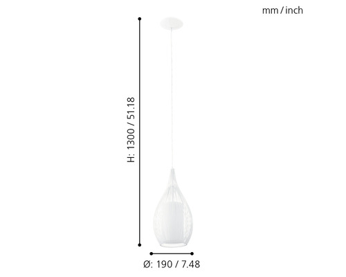 Lumină suspendată albă cu dimensiunile înălțime 1300 milimetri, diametru 190 milimetri