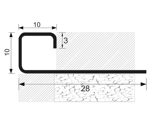 Desen al unui profil cu dimensiunile 10, 10, 3 și 28 milimetri