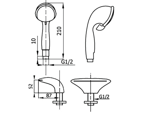 Desen tehnic al unui duș de mână cu dimensiuni