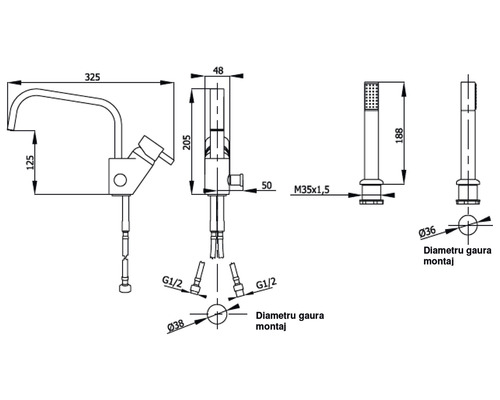 Desen tehnic al unui robinet cu dimensiuni