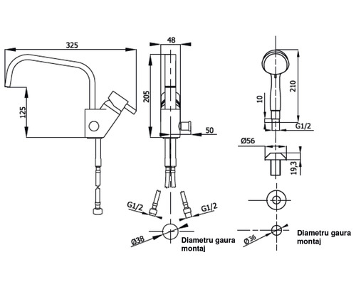 Desen tehnic al unei baterii de baie cu duș de mână și dimensiuni