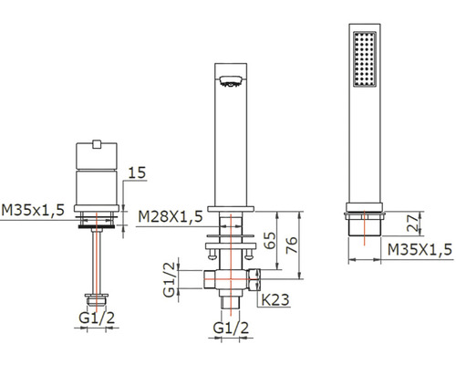 Desen tehnic al unui set de robinete pentru lavoare cu dimensiuni indicate