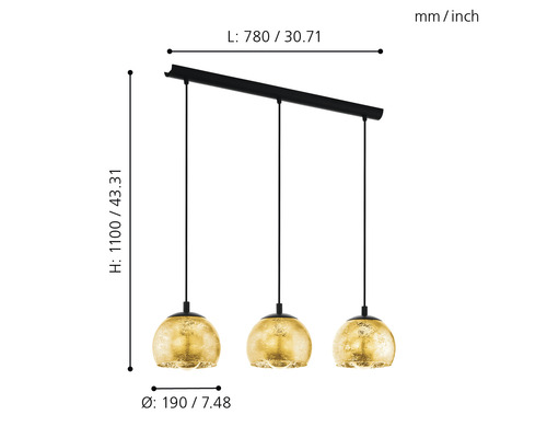 Lumină suspendată cu trei lămpi și dimensiuni