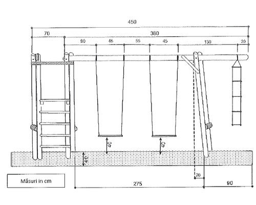 Desen tehnic al unui loc de joacă cu leagăn și structură de cățărare cu dimensiuni în centimetri