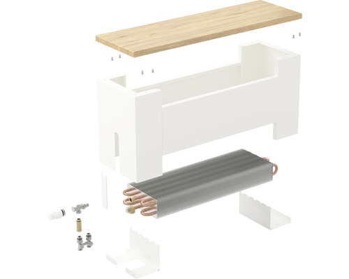 Reprezentare detaliată a unui set de placare pentru calorifer cu calorifer, supape și material de fixare