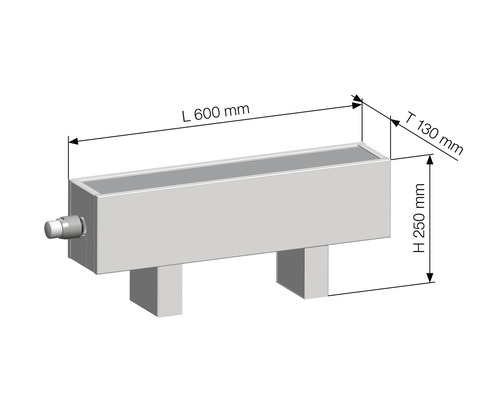 Radiator cu dimensiuni: lungime 600 mm, adâncime 130 mm, înălțime 250 mm
