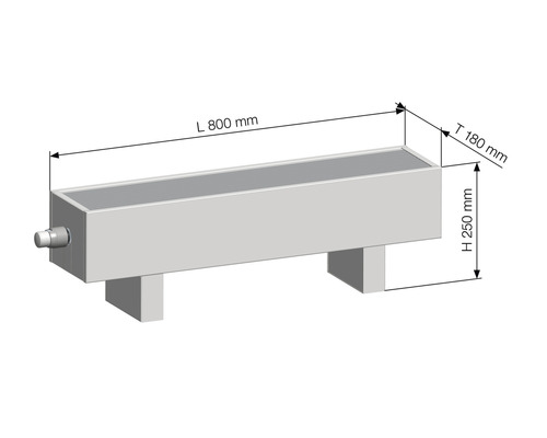Desen tehnic al unui radiator de 800 milimetri lungime, 180 milimetri adâncime și 250 milimetri înălțime