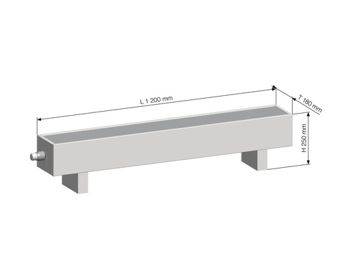 Reprezentare dimensională a unui jgheab de adăpare cu lungimea de 1200 mm, înălțimea de 250 mm și adâncimea de 180 mm
