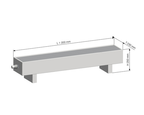 Imaginea unei căzi dreptunghiulare cu dimensiunile de 1200 x 230 x 250 milimetri.