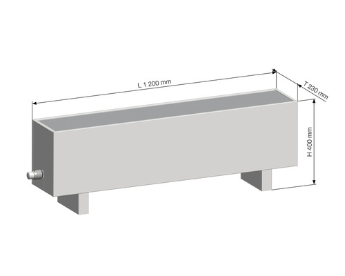 Reprezentare dimensională a unei jardiniere cu dimensiunile: lungime 1200 mm, înălțime 400 mm, adâncime 230 mm.