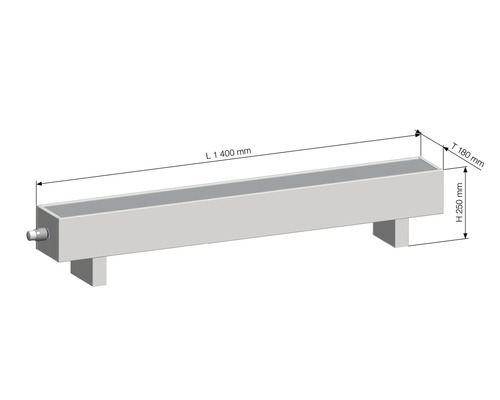 Desen tehnic al unei jardiniere cu dimensiunile de 1400 mm lungime, 180 mm adâncime și 250 mm înălțime.
