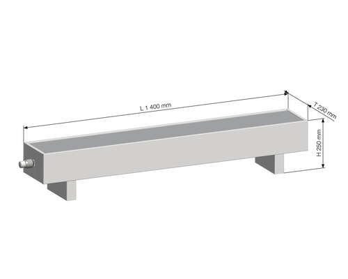 Imaginea unui jgheab de adăpare cu dimensiunile lungime 1400 mm, adâncime 230 mm și înălțime 250 mm