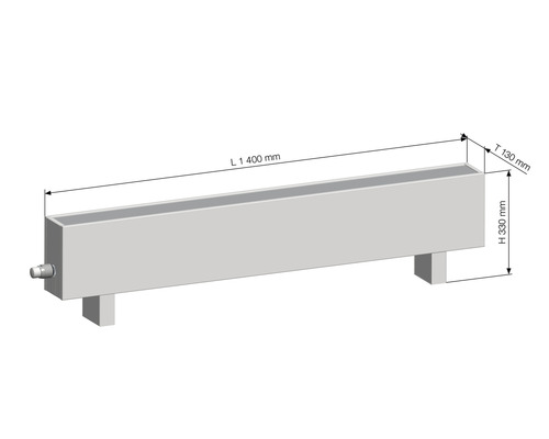 Imagine a unui calorifer cu dimensiunile lungime 1400 milimetri, adâncime 130 milimetri și înălțime 330 milimetri