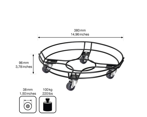 Suport pe roți cu dimensiunile de 380 mm diametru și 96 mm înălțime