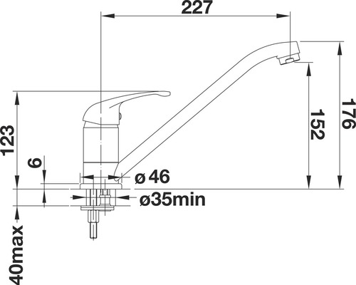 Desen tehnic al unei baterii de bucătărie cu dimensiuni