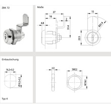 Desen tehnic al unei încuietori de dulap ZBK 72 cu dimensiuni