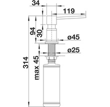 Desen tehnic al unui dozator de săpun cu dimensiuni