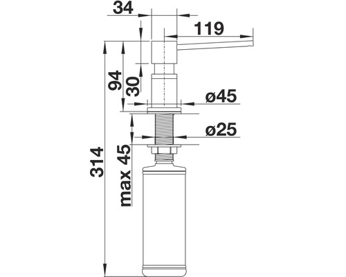 Desen tehnic al unui dozator de săpun cu dimensiuni