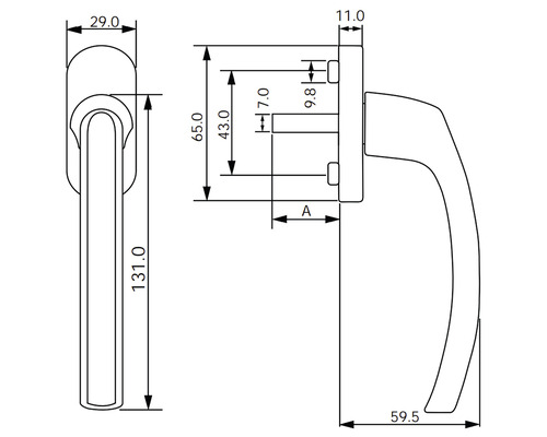Desen tehnic al unui mâner de fereastră cu dimensiuni