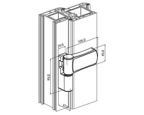 Desen tehnic al unei balamale de ușă cu dimensiuni