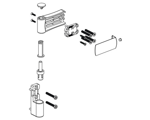 Diagram explodat al unei balamale de ușă cu diverse componente și șuruburi