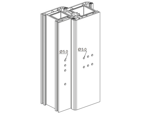 Desen schematic al unui cadru de fereastră cu găuri și dimensiuni.