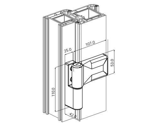 Desen tehnic al unei balamale de ușă cu dimensiuni