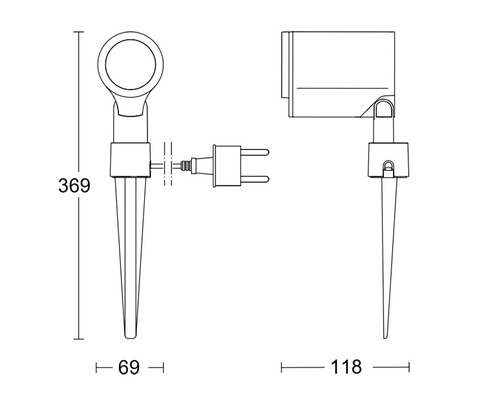 Desen tehnic al unui corp de iluminat de grădină cu țăruș de împământare și indicații de măsurare