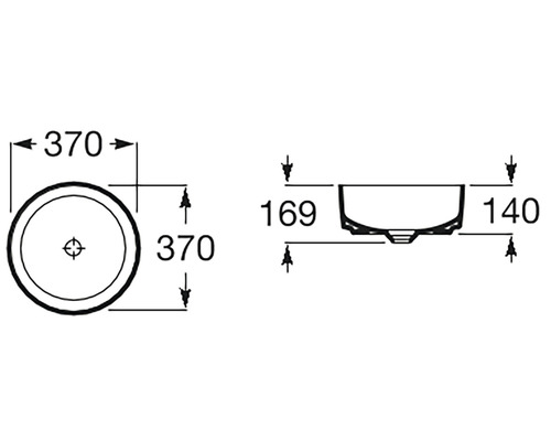 Desen tehnic al unei chiuvete rotunde, montată pe blat, cu dimensiuni