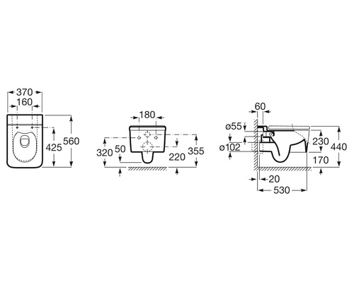 Desen tehnic al unui WC suspendat cu dimensiuni