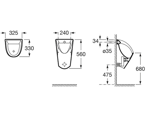 Desen tehnic al unui urinar cu dimensiuni