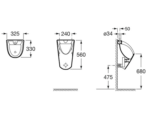 Desen tehnic al unui urinal cu dimensiuni