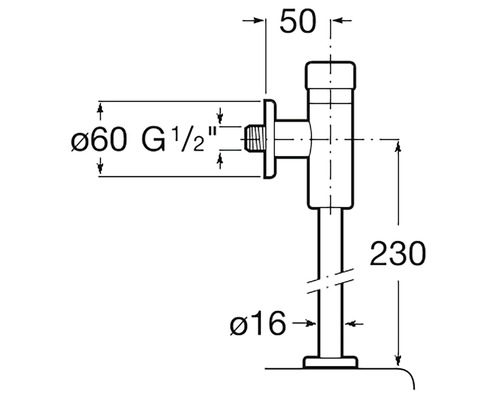 Desen tehnic al unui robinet de reglare colțar cu dimensiuni