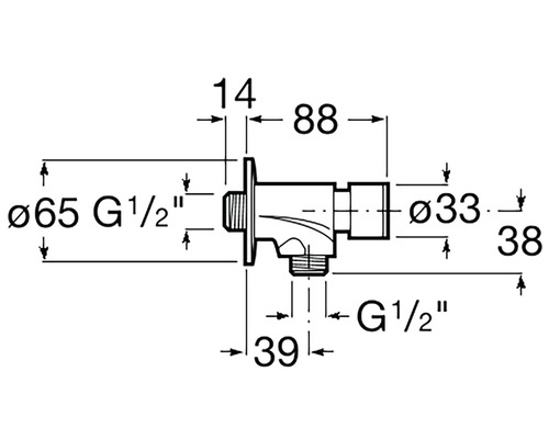 Desen tehnic al unui robinet de colț cu dimensiuni