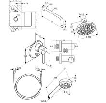 Desen tehnic al unui set de duș cu duș de cap, duș de mână, furtun de duș și baterie termostatică cu dimensiuni indicate
