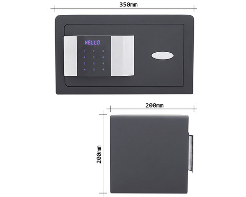 Imaginea unui seif pentru mobilă cu dimensiunile de 350 mm lățime și 200 mm înălțime și adâncime.