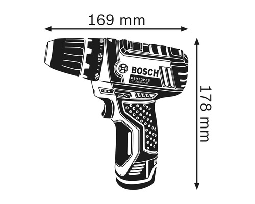 Imagine cu șurubelnița cu acumulator Bosch cu dimensiunile de 169 milimetri lățime și 178 milimetri înălțime.