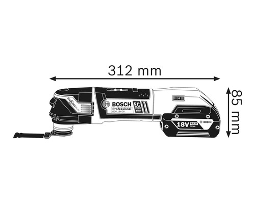 Imagine cu dimensiunile unei scule multifuncționale Bosch, lungime 312 mm, înălțime 85 mm