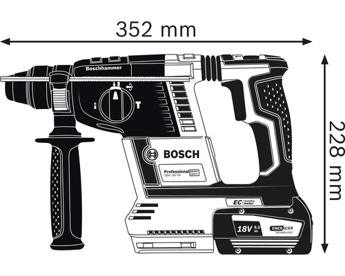 Ciocan rotopercutor Bosch cu dimensiuni: 352 mm lungime și 228 mm înălțime