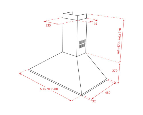 Desen tehnic al unei hote de aragaz cu dimensiuni.