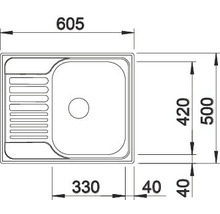 Desen al unei chiuvete cu dimensiunile de 605, 500, 420, 330 și 40 milimetri.