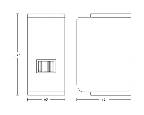 Desen tehnic al unei cutii de distribuție cu dimensiunile 137 x 63 x 92 cm