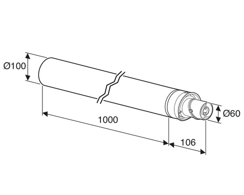 Desen tehnic al unei țevi cu dimensiunile diametru 100 mm, lungime 1000 mm și diametru 60 mm