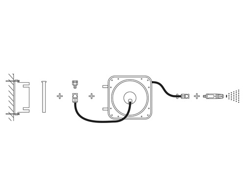 Desen explodat al unei cutii pentru furtun de grădină cu suport de perete și cap de pulverizare