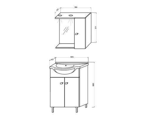 Desen tehnic al unui set de lavoar cu dulap inferior și dulap cu oglindă cu dimensiuni