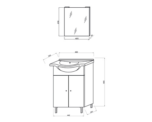 Desen tehnic al unui set de mobilier de baie cu dulap sub lavoar și dulap cu oglindă, inclusiv dimensiuni.