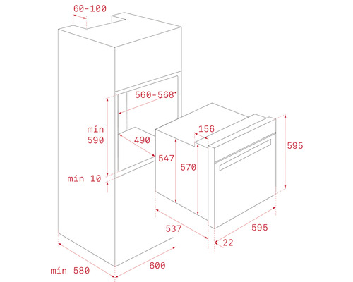Desen tehnic al unui cuptor încorporabil cu cote