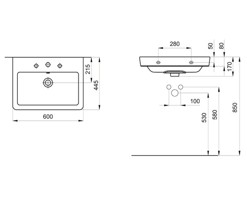 Desen tehnic al unui lavoar cu dimensiuni