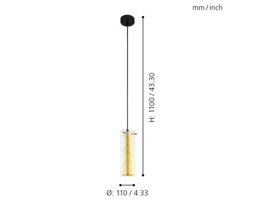 Desen tehnic al unei lămpi suspendate cu dimensiunile înălțime 1100 milimetri și diametru 110 milimetri.